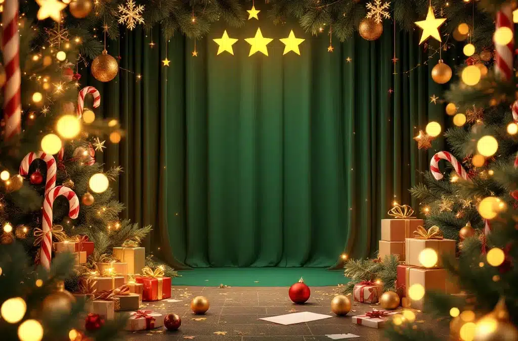 Luxe kerst photobooth met gouden verlichting, kerstdecoraties en zwevende tevredenheidsbeoordelingen in sterren